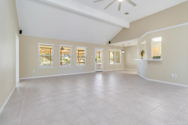 unfurnished living room featuring light tile patterned floors, beam ceiling, high vaulted ceiling, and ceiling fan