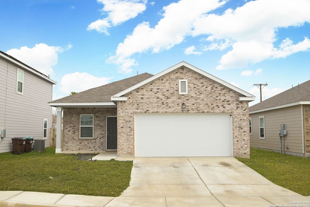 view of front facade with a garage, central AC, and a front lawn