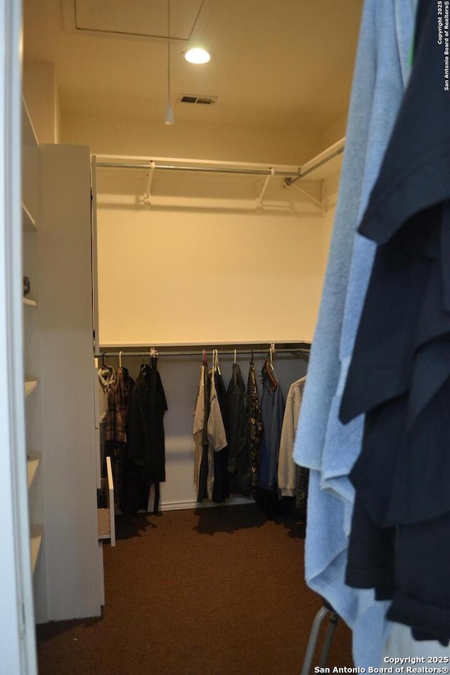 spacious closet with dark colored carpet