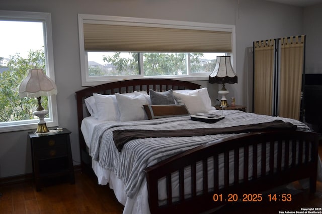 bedroom with dark hardwood / wood-style floors