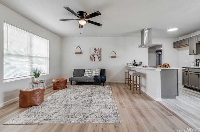 living room with ceiling fan, a textured ceiling, and light hardwood / wood-style flooring