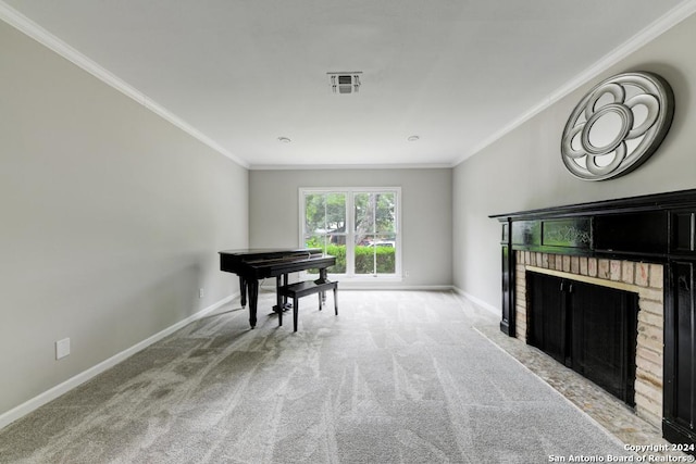 miscellaneous room featuring crown molding, light colored carpet, and a fireplace