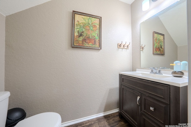 bathroom with vanity, lofted ceiling, wood-type flooring, and toilet