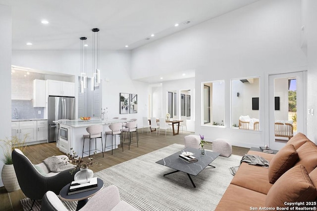 living room with high vaulted ceiling, sink, and light hardwood / wood-style floors