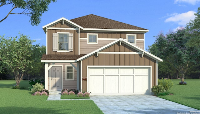 view of front of property with concrete driveway, a front lawn, board and batten siding, and roof with shingles