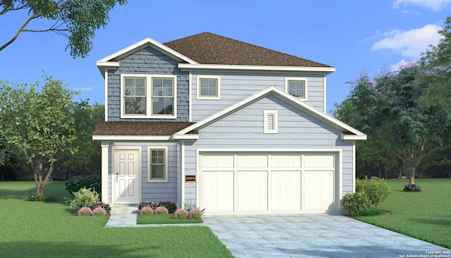 view of front facade with driveway, an attached garage, a front lawn, and roof with shingles