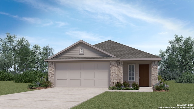 ranch-style house with a garage and a front lawn