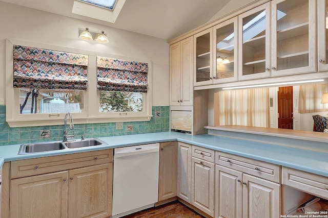 kitchen with tasteful backsplash, sink, white dishwasher, and a skylight