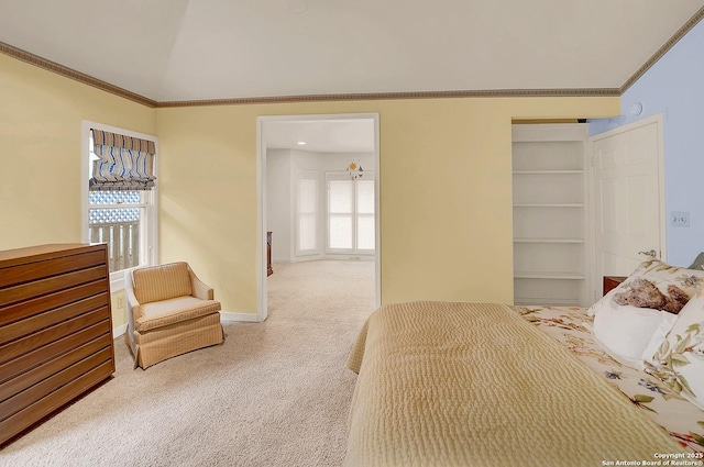 carpeted bedroom with crown molding