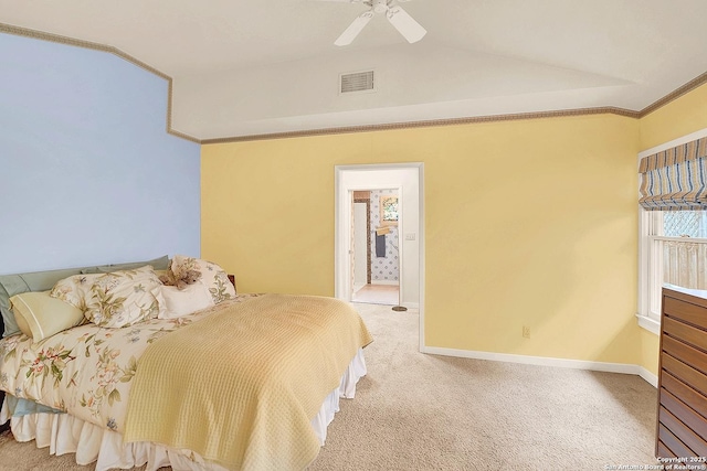 carpeted bedroom featuring lofted ceiling and ceiling fan