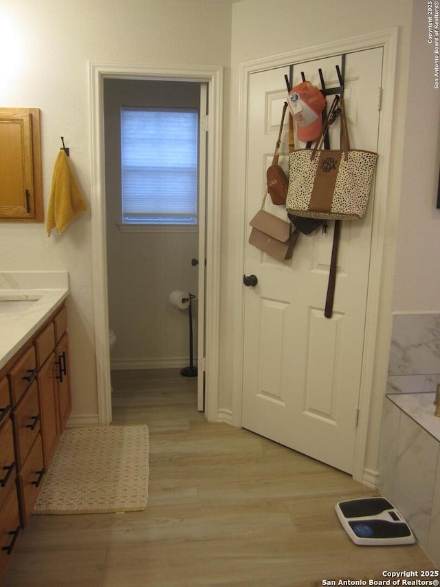 bathroom featuring vanity, wood-type flooring, and toilet