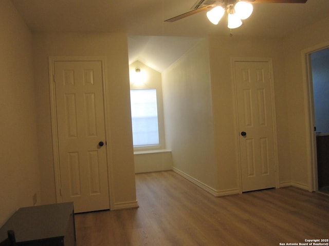 additional living space featuring wood-type flooring and ceiling fan