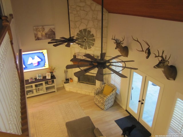 interior space featuring french doors, ceiling fan, and hardwood / wood-style floors