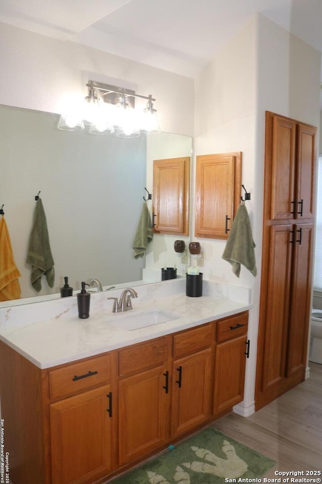 bathroom with vanity, hardwood / wood-style flooring, and toilet