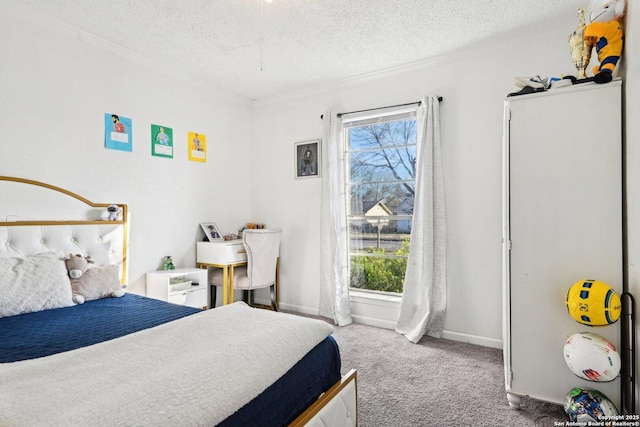 bedroom with light colored carpet, multiple windows, and a textured ceiling