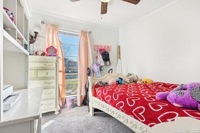 bedroom with ceiling fan, crown molding, a textured ceiling, and carpet