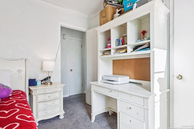 office area featuring ornamental molding and carpet flooring