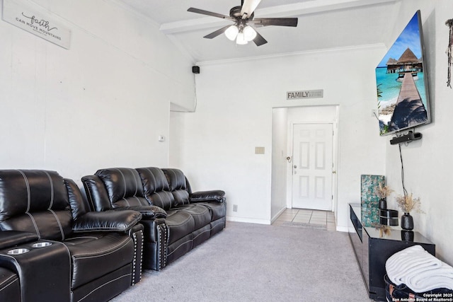 carpeted living room featuring ornamental molding, vaulted ceiling with beams, and ceiling fan