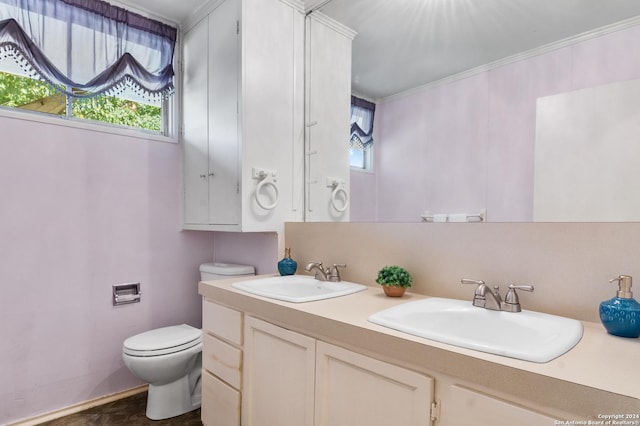 bathroom with crown molding, vanity, and toilet