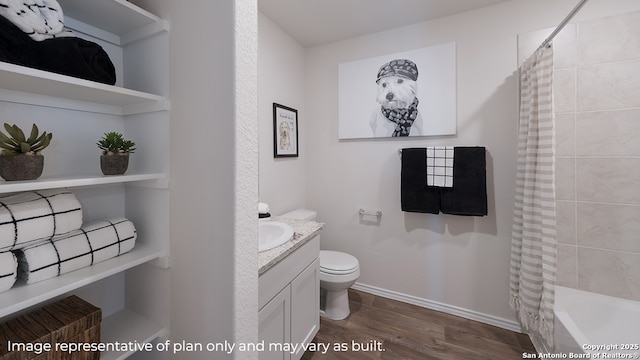 full bathroom featuring vanity, wood-type flooring, toilet, and shower / tub combo with curtain