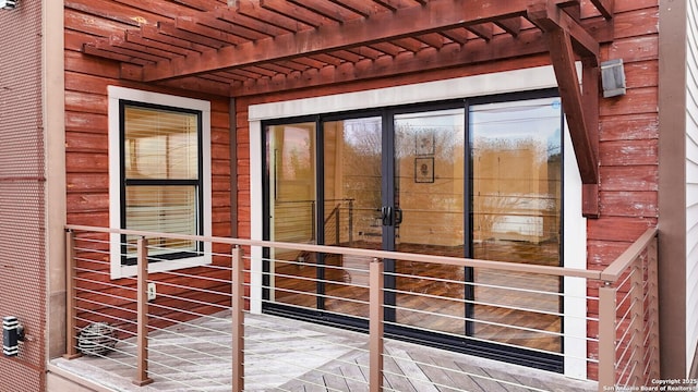 exterior space with wood ceiling and beam ceiling