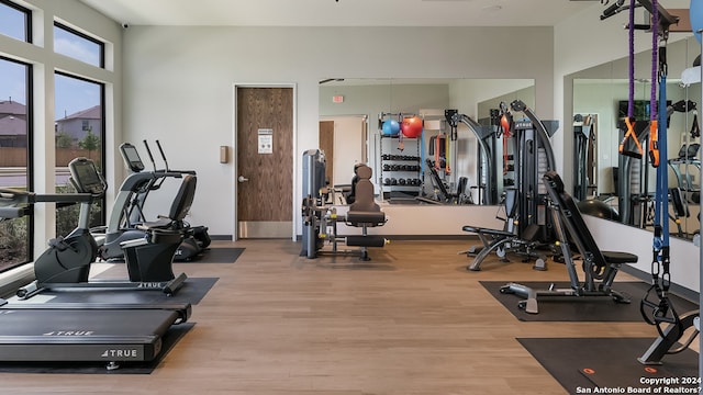 gym with light hardwood / wood-style floors