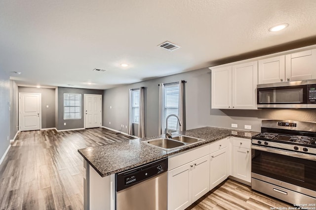 kitchen with white cabinetry, stainless steel appliances, kitchen peninsula, and sink