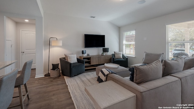 living room featuring hardwood / wood-style flooring, vaulted ceiling, and a wealth of natural light