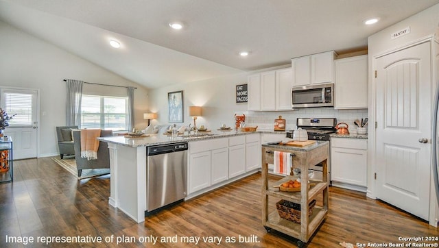 kitchen featuring vaulted ceiling, dark hardwood / wood-style floors, white cabinets, stainless steel appliances, and light stone countertops