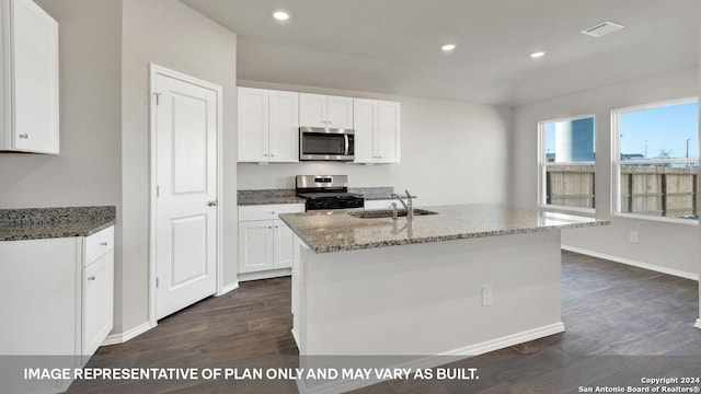 kitchen featuring white cabinetry, stainless steel appliances, a kitchen island with sink, and sink