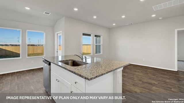 kitchen featuring sink, white cabinetry, dishwasher, stone counters, and a kitchen island with sink