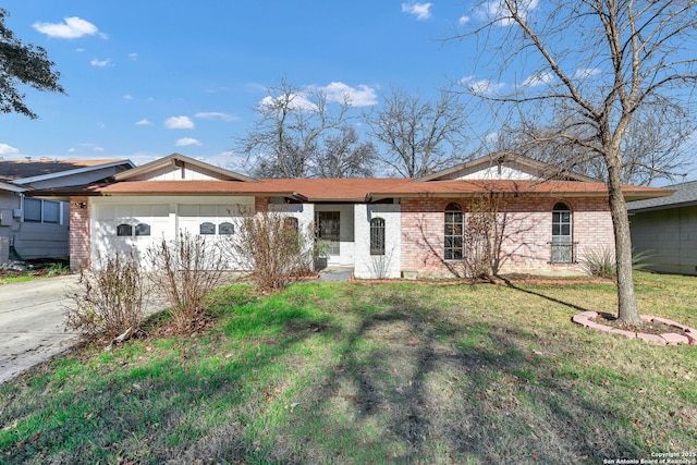 ranch-style house with a garage and a front lawn