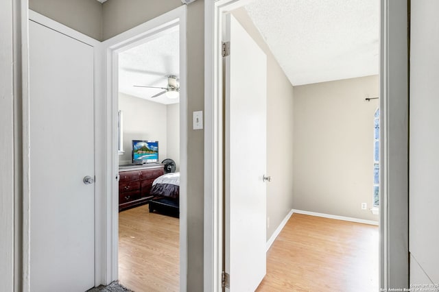 hallway with a textured ceiling and light hardwood / wood-style floors