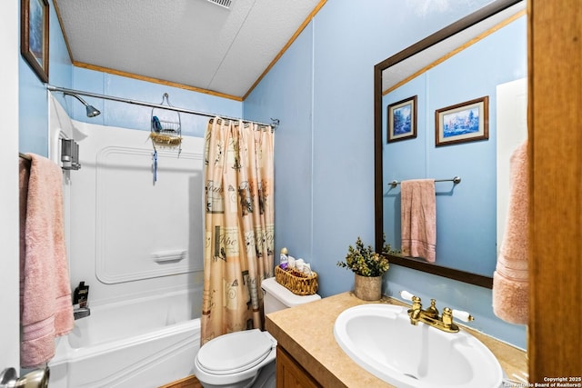 full bathroom featuring toilet, crown molding, shower / tub combo, a textured ceiling, and vanity