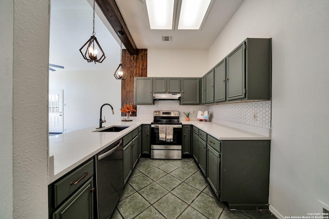 kitchen featuring sink, appliances with stainless steel finishes, decorative backsplash, decorative light fixtures, and kitchen peninsula