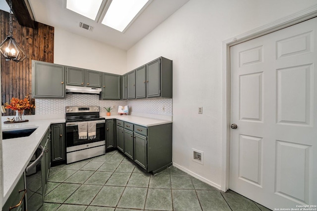 kitchen with dishwashing machine, light tile patterned floors, electric range, and decorative backsplash