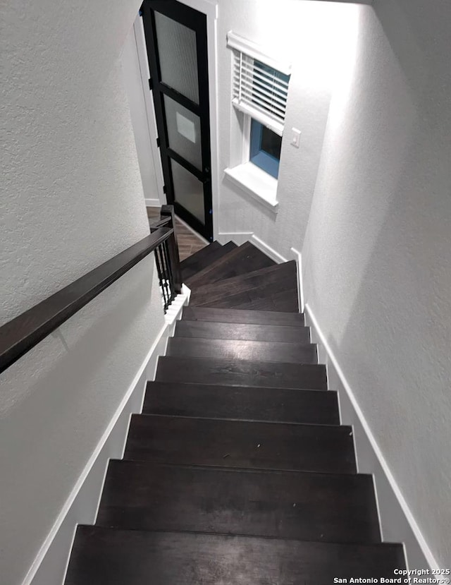 stairway with hardwood / wood-style flooring