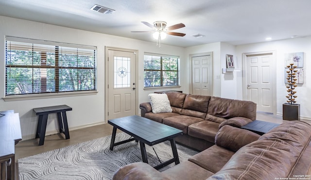 living room with ceiling fan