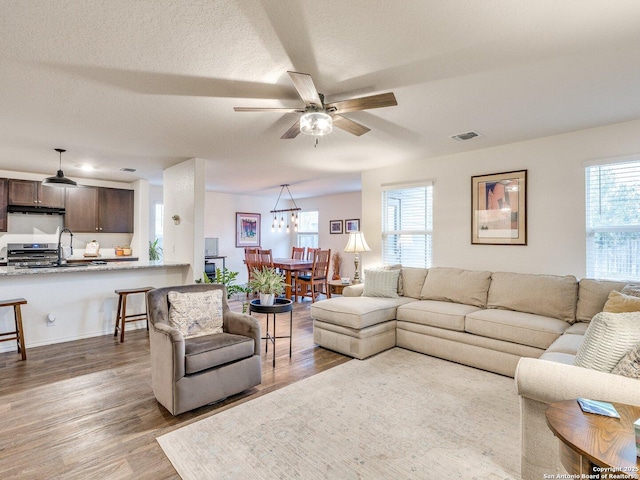 living room featuring hardwood / wood-style flooring, a textured ceiling, and a wealth of natural light