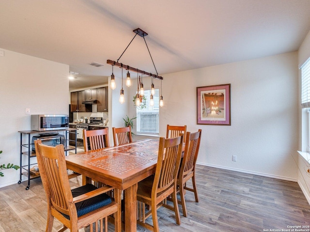 dining space with light hardwood / wood-style floors