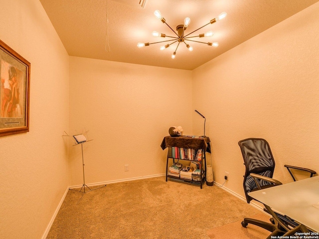 carpeted office featuring a notable chandelier