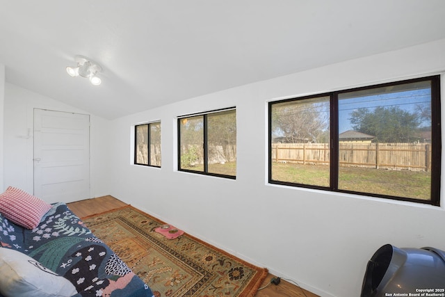 interior space with hardwood / wood-style flooring and lofted ceiling