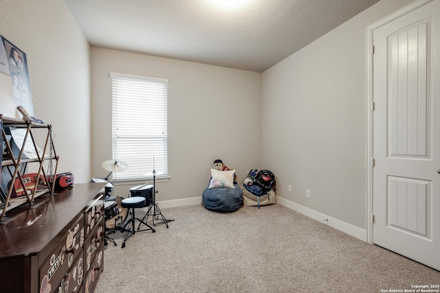 office area with light colored carpet and a textured ceiling