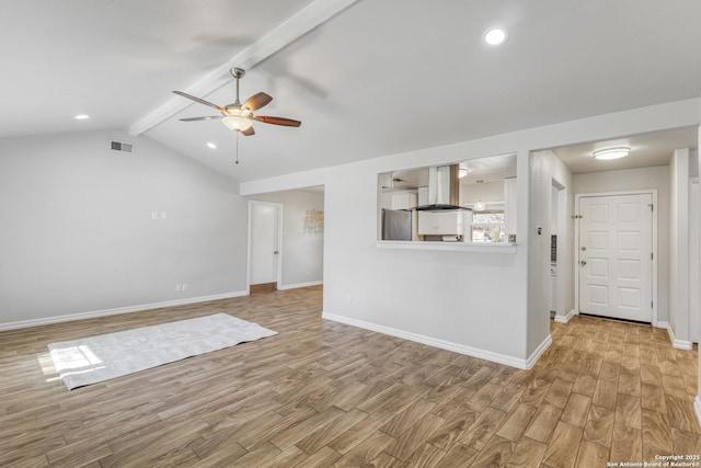 unfurnished living room with lofted ceiling with beams, ceiling fan, and light hardwood / wood-style flooring