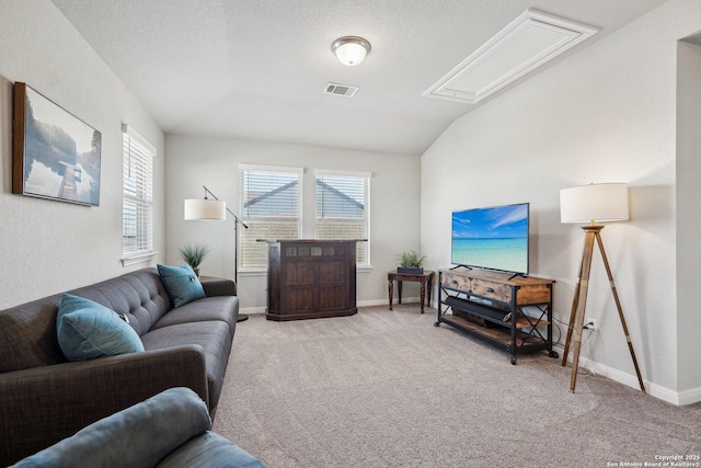 1274 Lennea, New Braunfels, TX 78130 - living room with vaulted ceiling, light carpet, and a textured ceiling