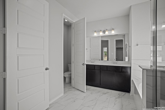 10257 Bartenheim Dr, Schertz, TX 78154 - bathroom featuring marble look tile flooring, toilet, double vanity, a tub, and a shower