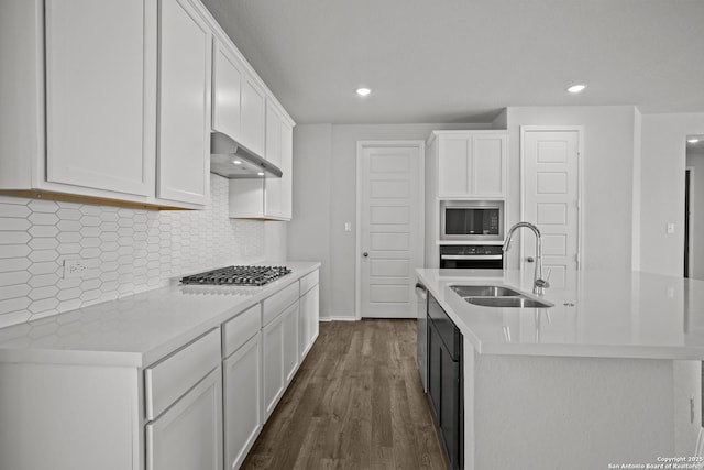 10257 Bartenheim Dr, Schertz, TX 78154 - kitchen with wall chimney exhaust hood, a sink, stainless steel appliances, light countertops, and white cabinetry