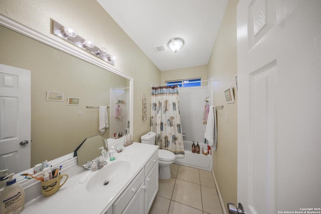 full bathroom featuring shower / bath combo, toilet, tile patterned floors, and vanity