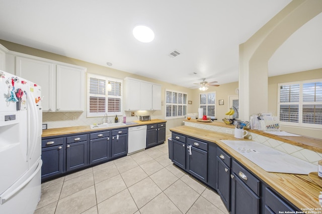 kitchen with white cabinetry, white appliances, butcher block counters, and sink