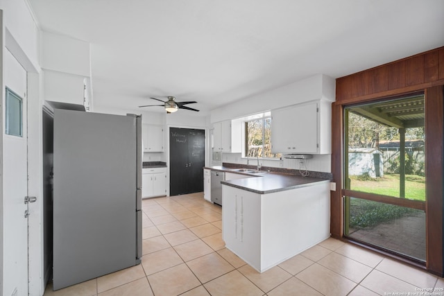 kitchen with light tile patterned flooring, sink, white cabinets, ceiling fan, and stainless steel appliances